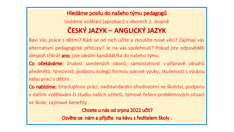 Hledáme posilu do našeho týmu pedagogů